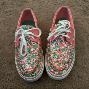 Sperry Top-Sider pink & green sequin floral boat shoes Sz 7.5